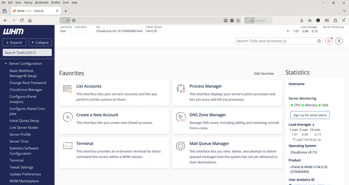 The WHM dashboard our administrators work in while managing a cPanel server
