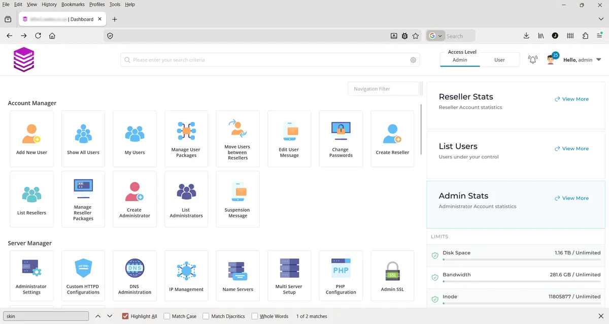 The DirectAdmin Evolution panel our administrators work in while managing a DirectAdmin server